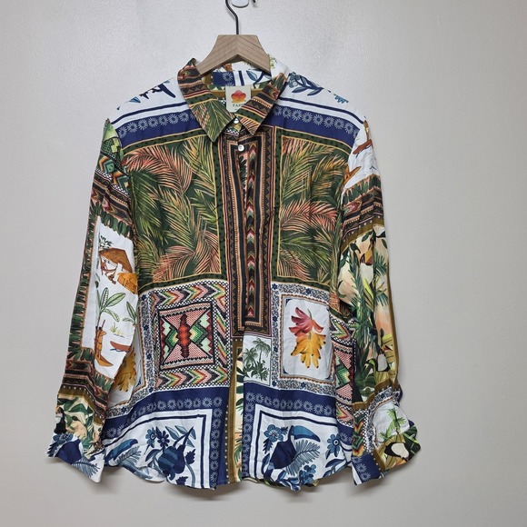 FARM Rio Tops - Farm Rio Tropical Mixed Scarfs Patterned Button Up Shirt Sz XL Beach Vacation